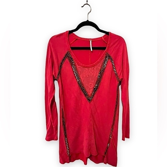 Free People | Red Beaded & Embroidered Long Sweatshirt Tunic Lace - Picture 1 of 10